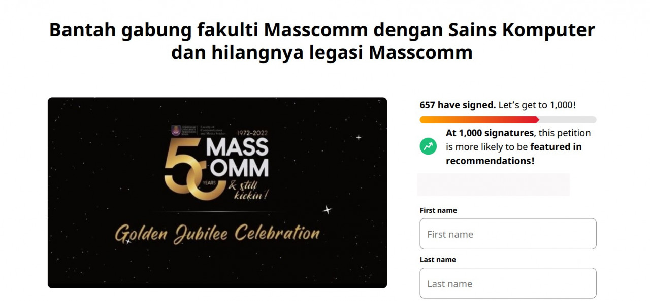 Tangkapan layar petisyen dalam talian yang dilancarkan pagi tadi