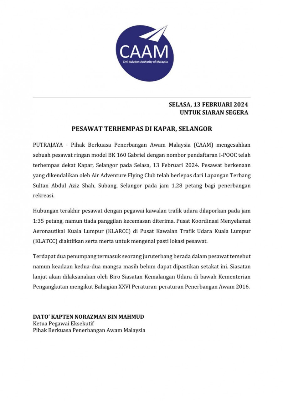 Kenyataan media CAAM berhubung kejadian.