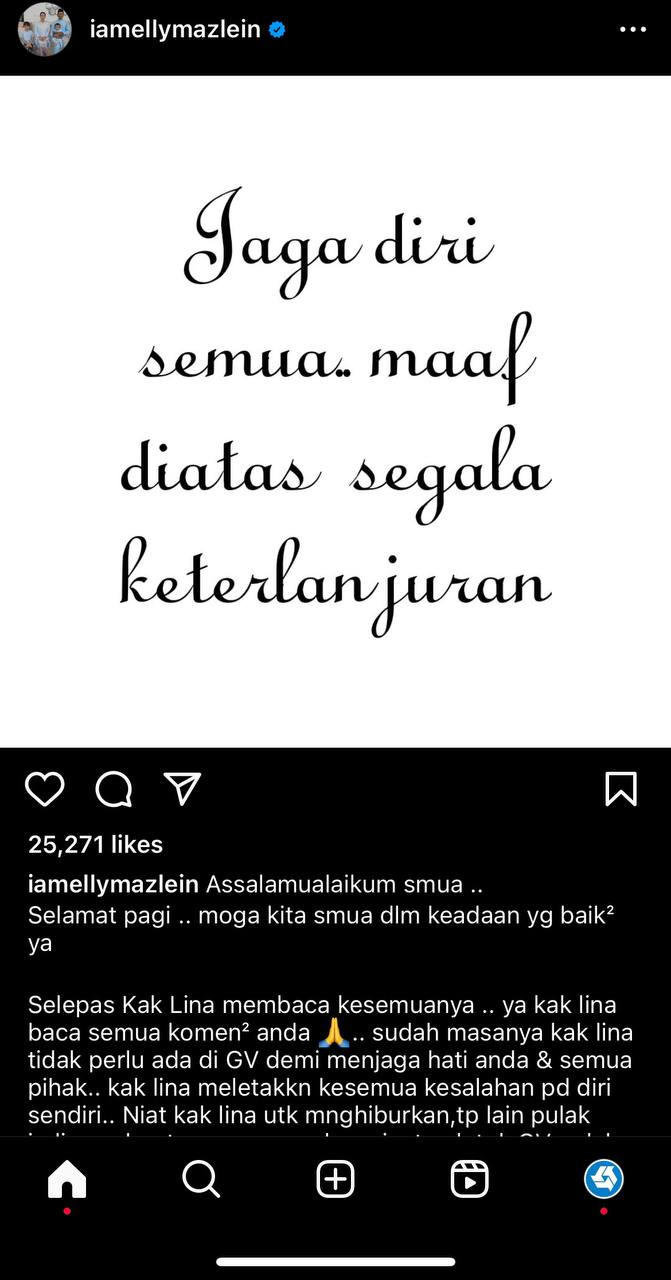 Perkongsian Elly Mazlein di Instagram iamellymazlein.