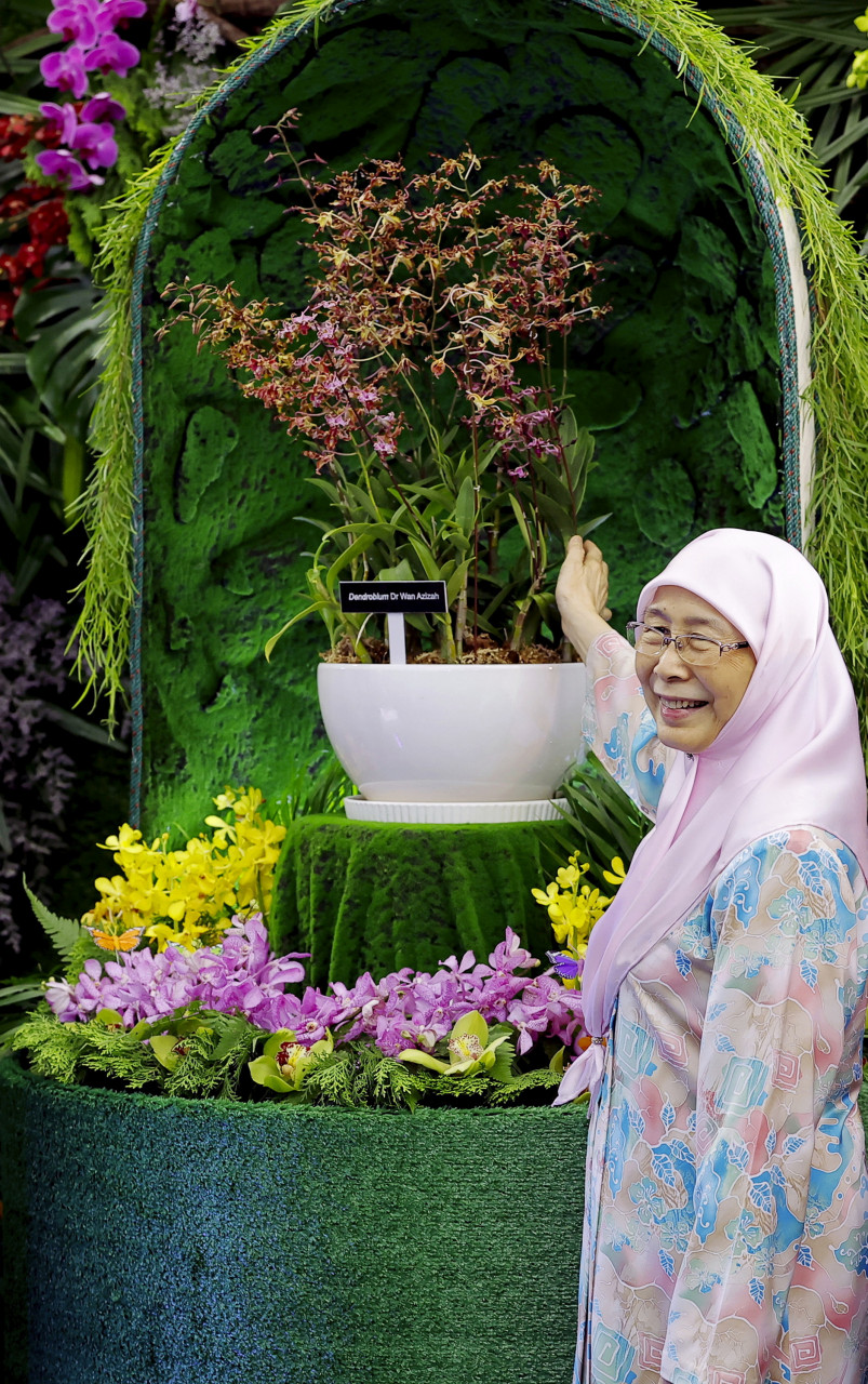 Isteri Perdana Menteri Datuk Seri Dr Wan Azizah Wan Ismail bersama hibrid orkid baharu yang dikenali dengan nama Dendrobium Dr Wan Azizah semasa hadir majlis pada perasmian Orkid Putrajaya 2023 di Taman Botani hari ini. – gambar BERNAMA