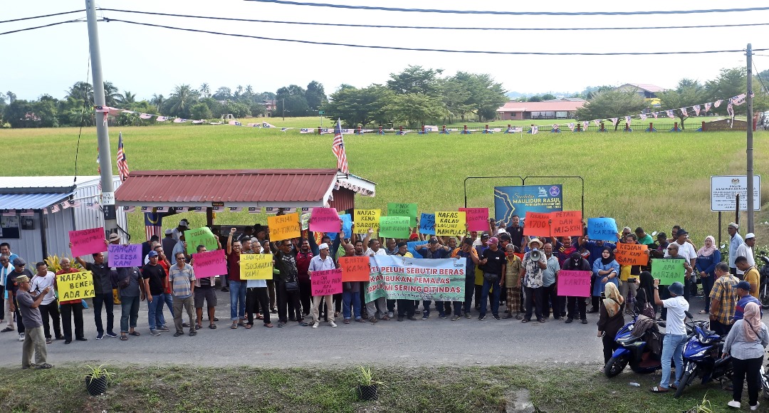 kira-kira 200 pesawah yang berhimpun bagi menyatakan rasa tidak puas hati mereka terhadap isu-isu berbangkit selain mendesak pihak berwajib terutamanya kerajaan, mendengar rintihan golongan petani. - gambar Rafisqi Radhi