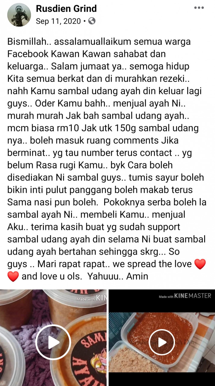 Antara promosi sambal udang yang dilakukan Mohd Rusdin menerusi platform Facebooknya.
