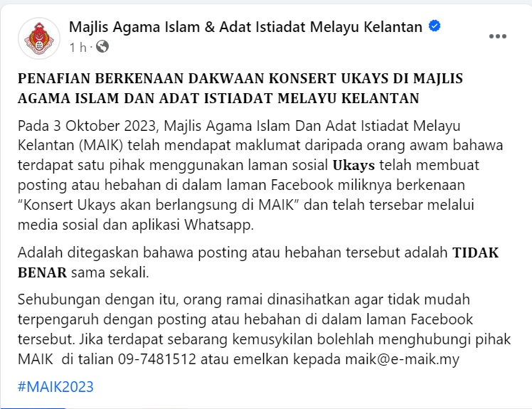 Penafian oleh MAIK.