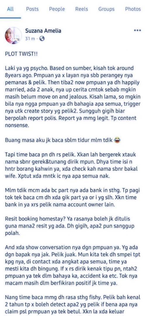 Dakwaan Suzana Amelia yang dimuat naik di Facebook, kononnya pemuda terbabit sengaja mengadakan cerita - gambar Facebook