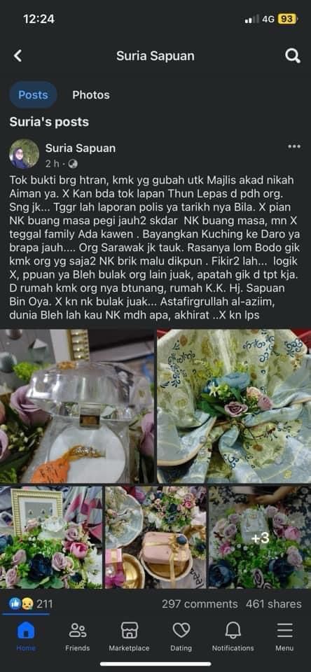 Kakak ipar mangsa turut memuat naik perkongsian di Facebook dan gambar-gambar gubahan dihasilkan untuk majlis pernikahan tersebut - gambar Facebook