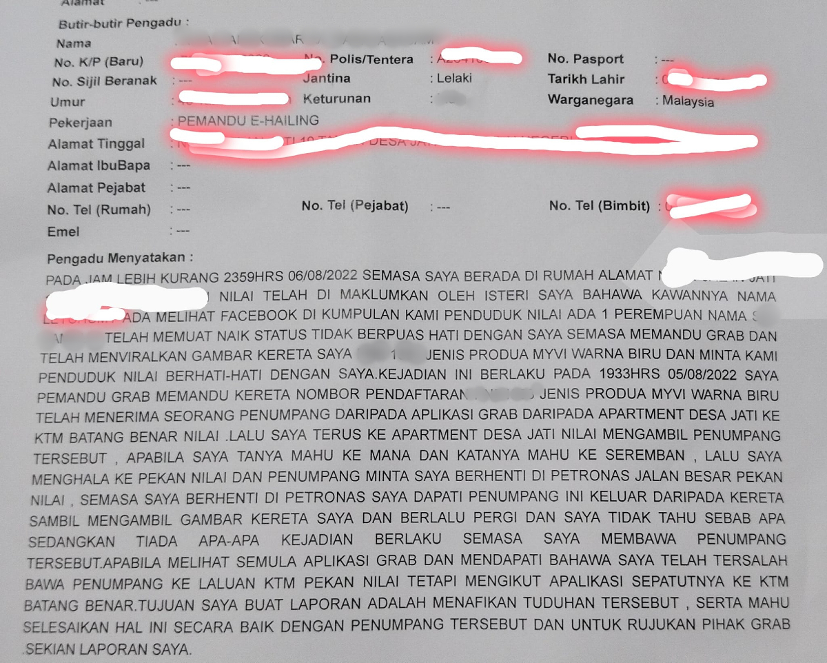 Laporan polis yang dibuat oleh pemandu grab berkenaan.