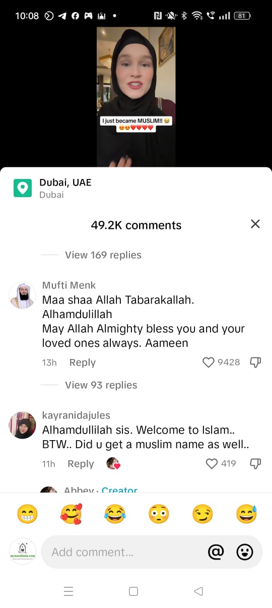 Reaksi Mufti Menk terhadap pengislaman Abbey. - gambar media sosial