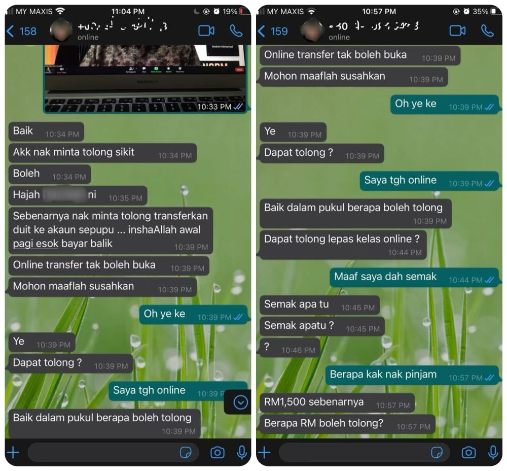 Mesej yang tular di media sosial mengenai modus operandi yang digunakan oleh scammer untuk mendapatkan wang.