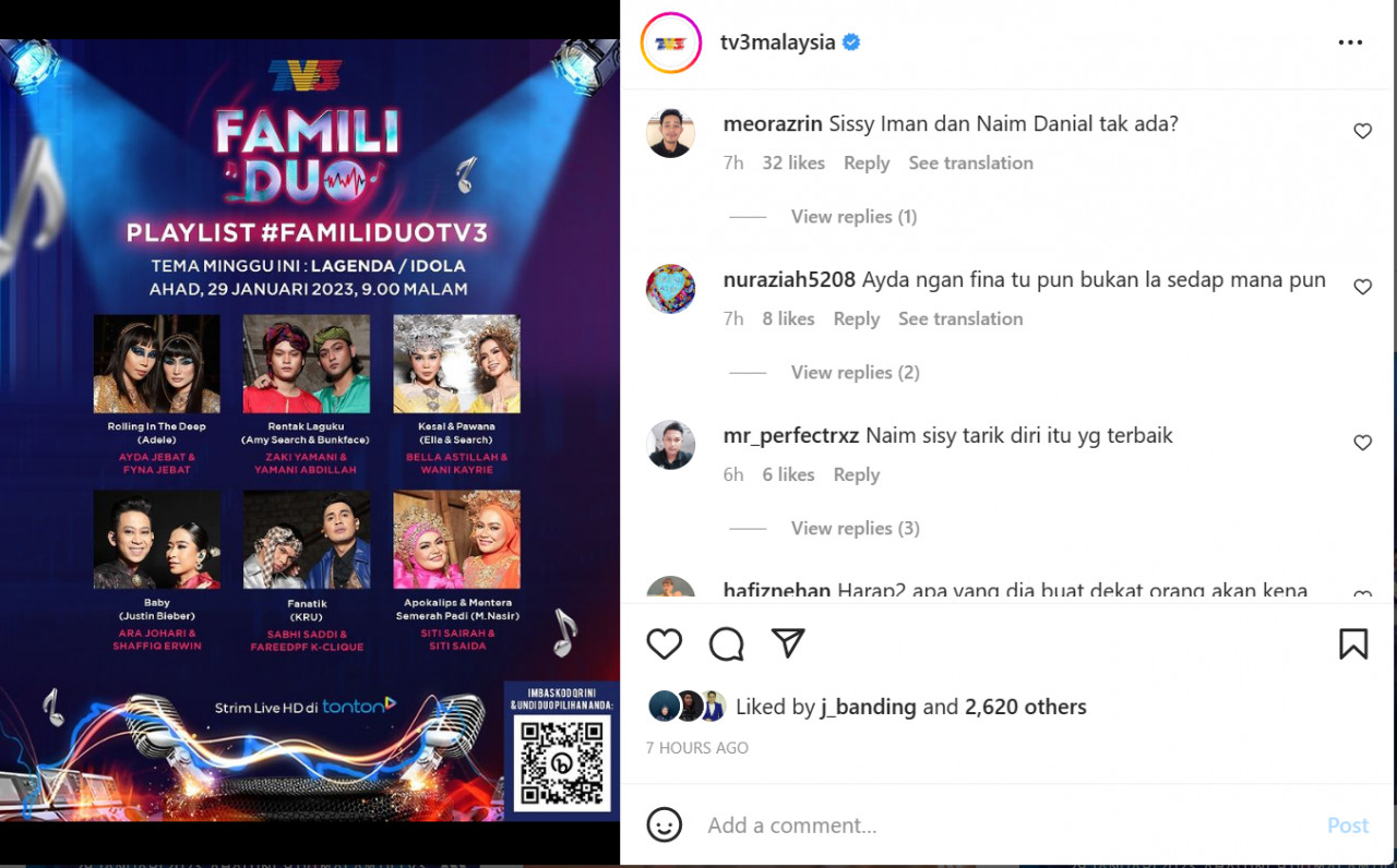 Gambar tangkap layar Instagram TV3