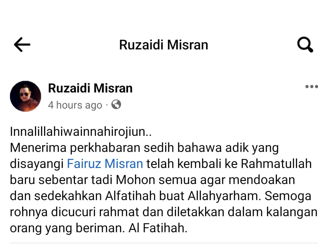 Tangkap Layar hantaran Ruzaidi memaklumkan kematian Fairuz melalui akaun Facebook.