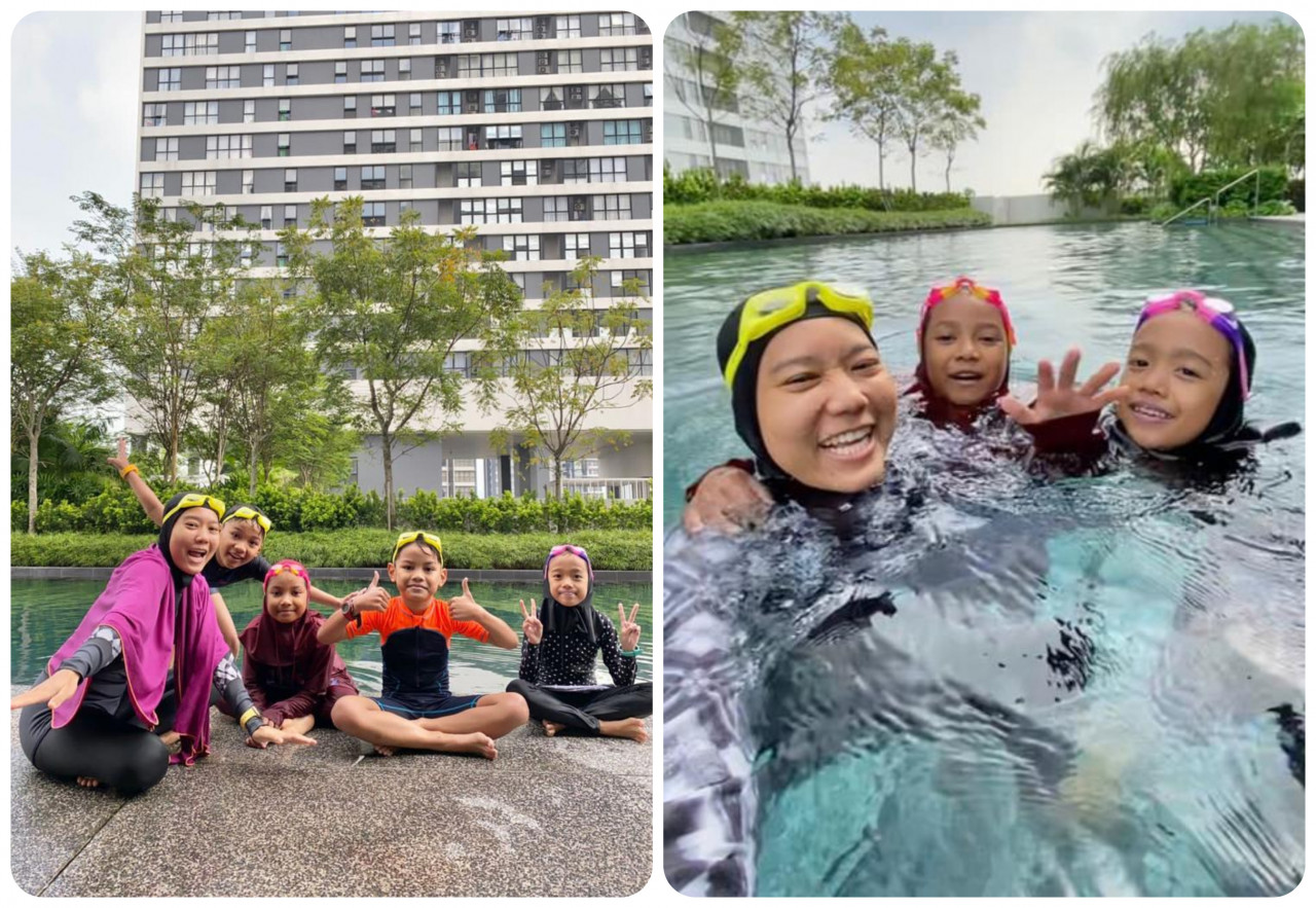 Adilah (kiri) menjalankan kelas latihan renang secara persendirian mengikut masa serta lokasi dipilih pelatih.