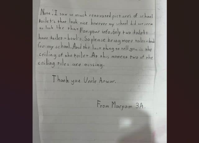 Sebahagian surat tulisan tangan daripada Maryam kepada Perdana Menteri, Datuk Seri Anwar Ibrahim.