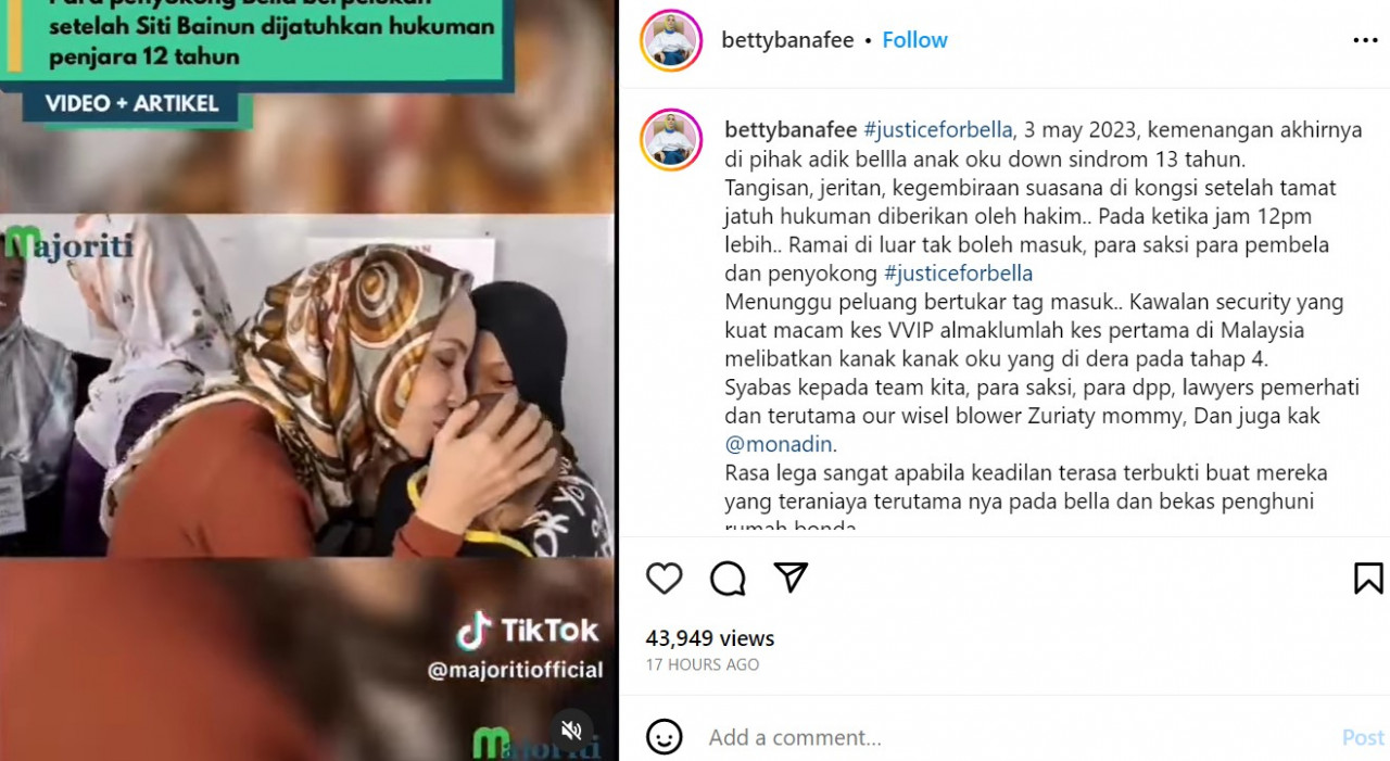 Betty meluahkan rasa syukur kerana Bella mendapat keadilan menerusi Intagramnya.