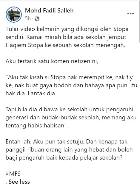 Hantaran Mohd Fadli Salleh mengenai Haqiem Stopa di dalam Facebooknya.