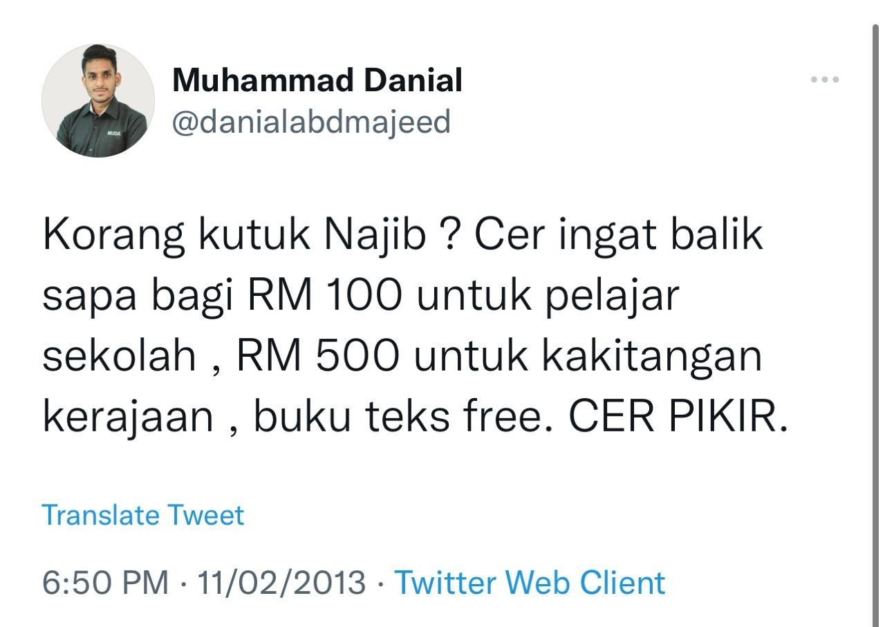 Twitter yang dimuat naik Muhammad Danial pada 2013 ‘dibongkar’ semula oleh netizen di platform media sosial.