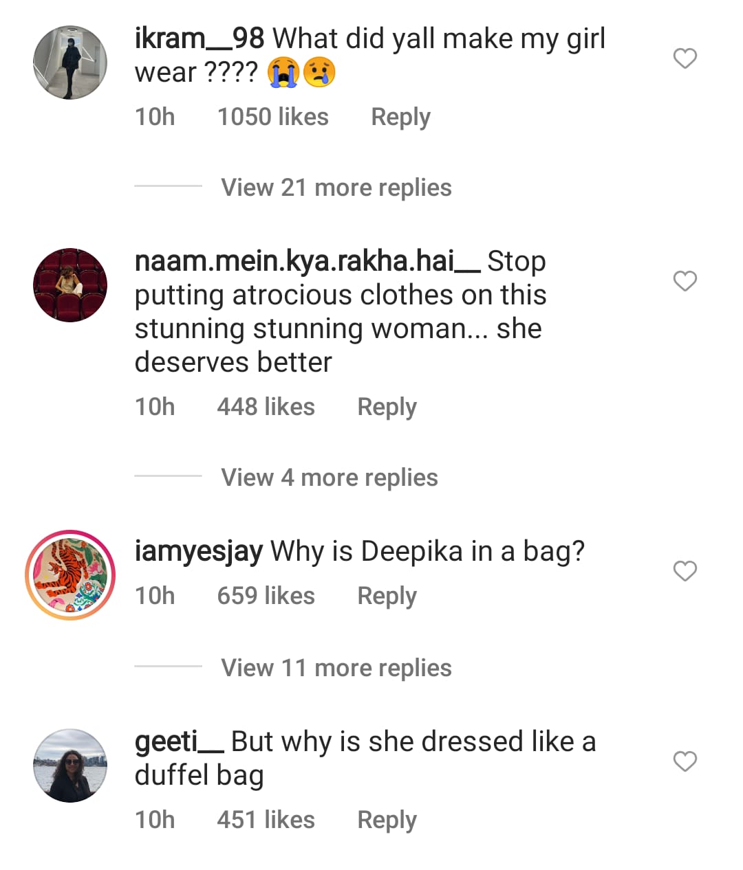 Antara komen netizen mengecam busana Deepika - Tangkapan layar Instagram