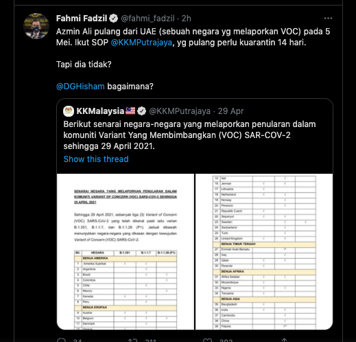 Fahmi Fadzil mempersoalkan status kuarantin Azmin Ali yang pulang dari UAE.