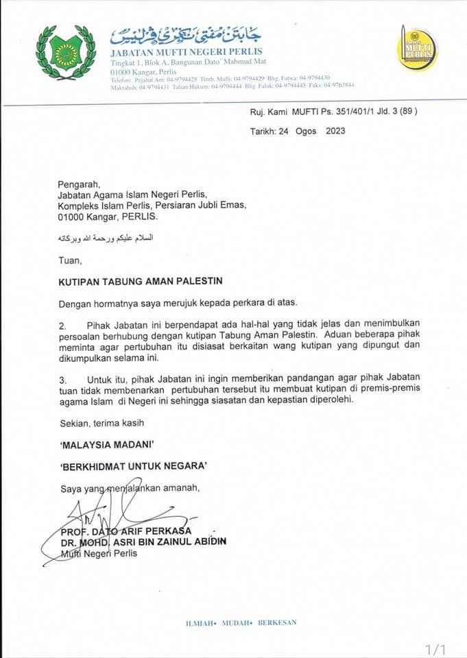 Surat yang dikeluarkan Jabatan Mufti Negeri Perlis.