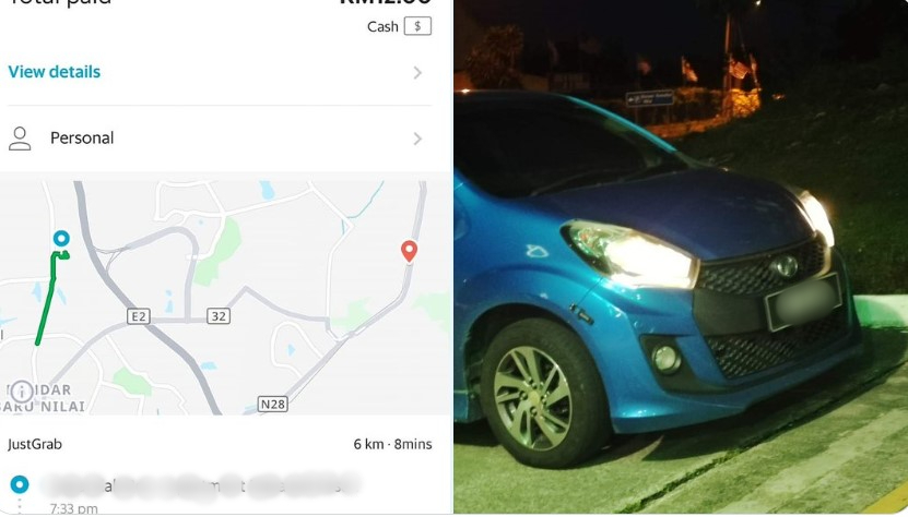 Tangkapan layar arah perjalanan dan kereta grab yang dimuatnaik oleh seorang wanita di media sosial.