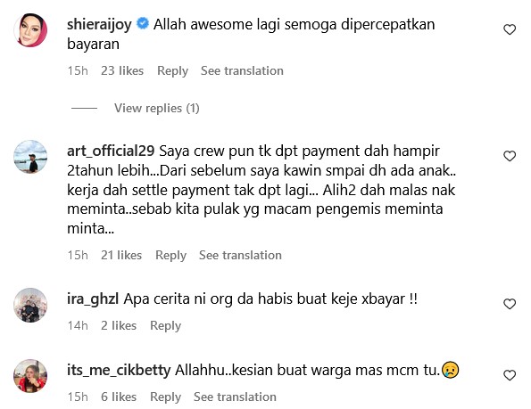 Tangkapan layar ruangan komen di Instagram Norlia Ghani