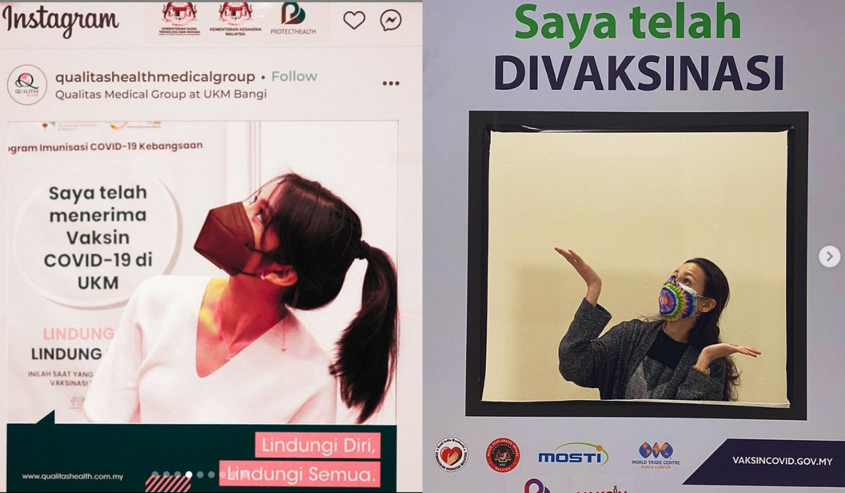 Pelakon Mimi Lana dan Sharifah Amani adalah antara dua pelakon yang berkongsi pengalaman vaksinasi mereka di media sosial. Gambar: Instagram @missmimilana dan @sharifah_amani