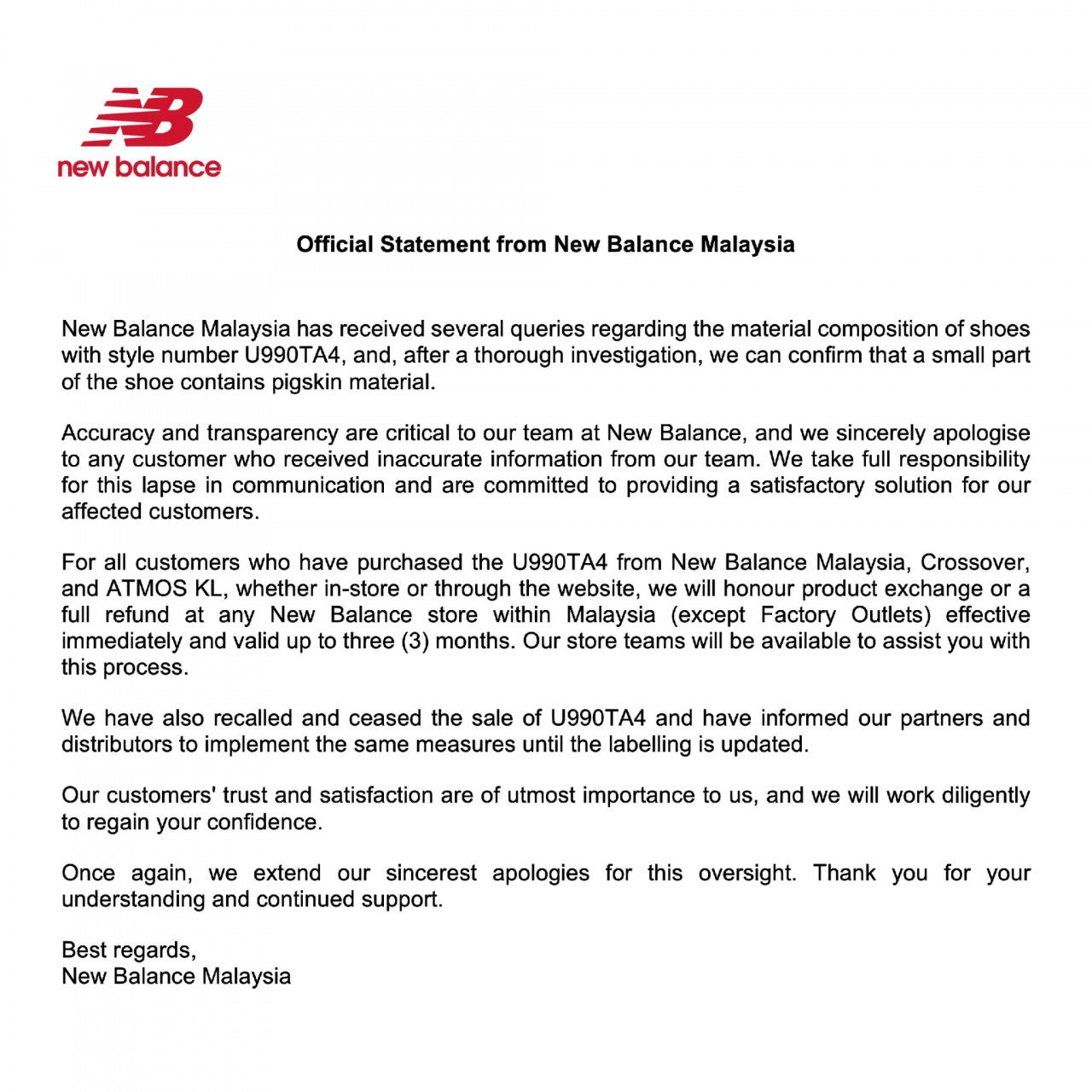 Kenyataan media daripada New Balance Malaysia. - gambar New Balance Malaysia