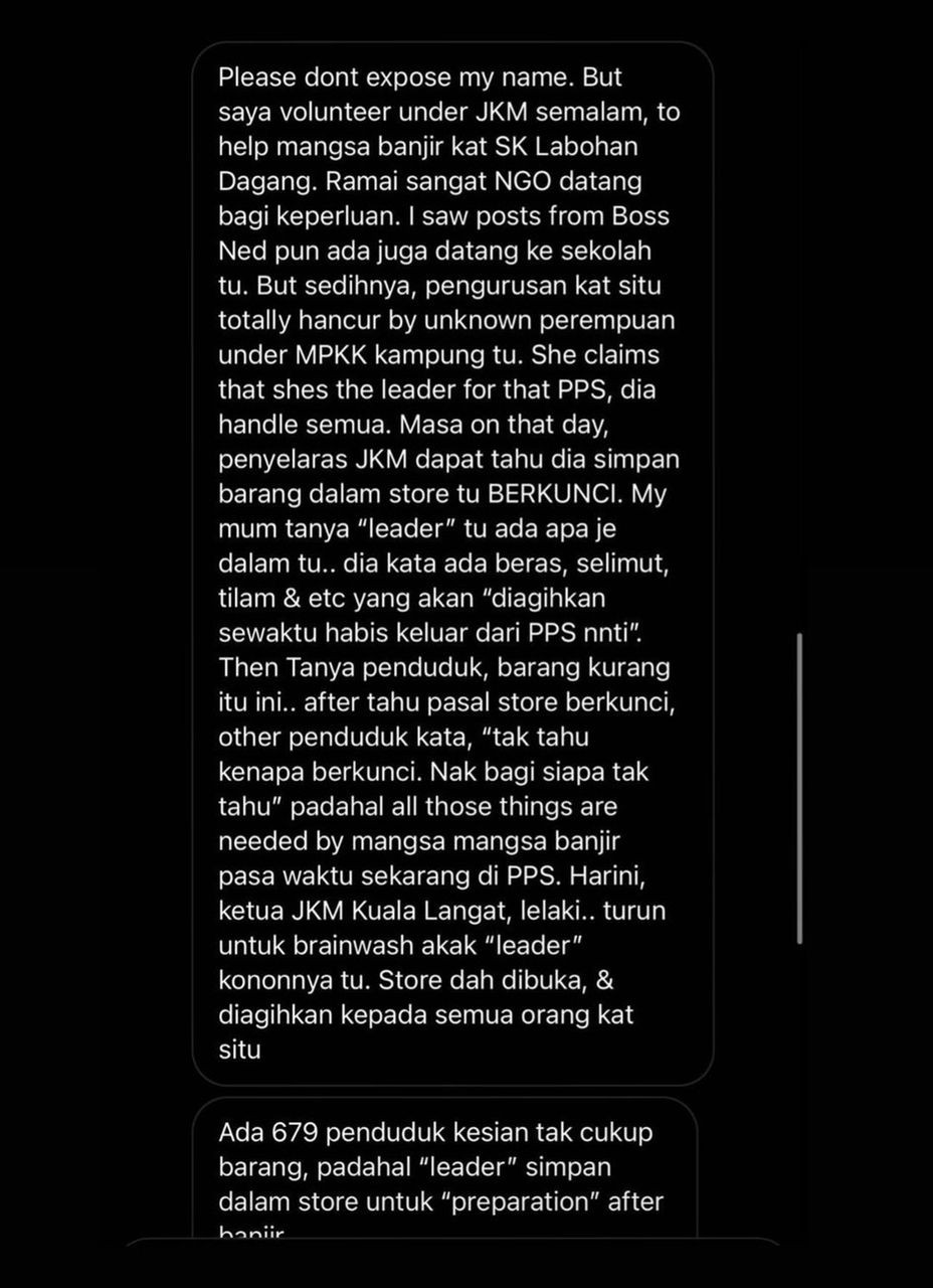 Paparan mesej yang tular di media sosial mengenai dakwaan seorang sukarelawan di bawah JKM.