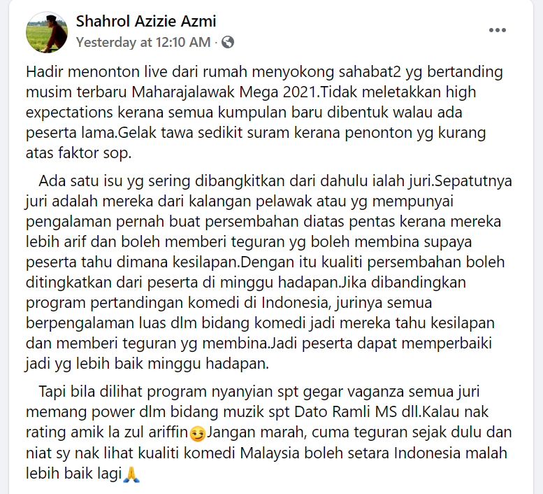 Tangkapan layar 'posting' Shahrol di Facebook