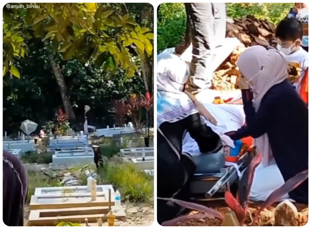 Ratnah tidak dapat menahan sebak melihat jenazah ibunya sebaik pulang ke Tawau. - Tangkap layar dari media sosial