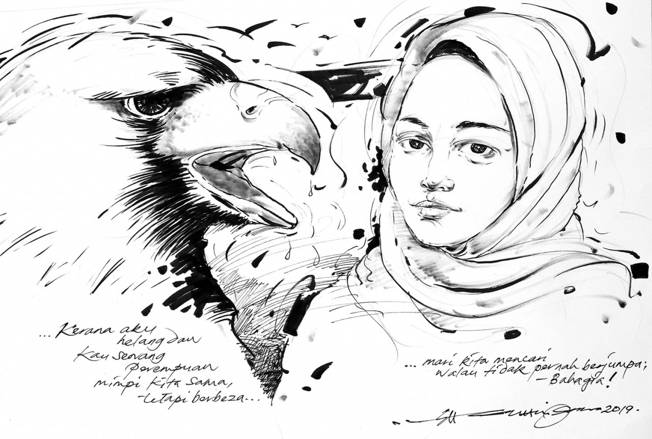 Lakaran pen bertajuk,” Perbualan Sang Helang dan  Seorang Perempuan”, tahun 2018
