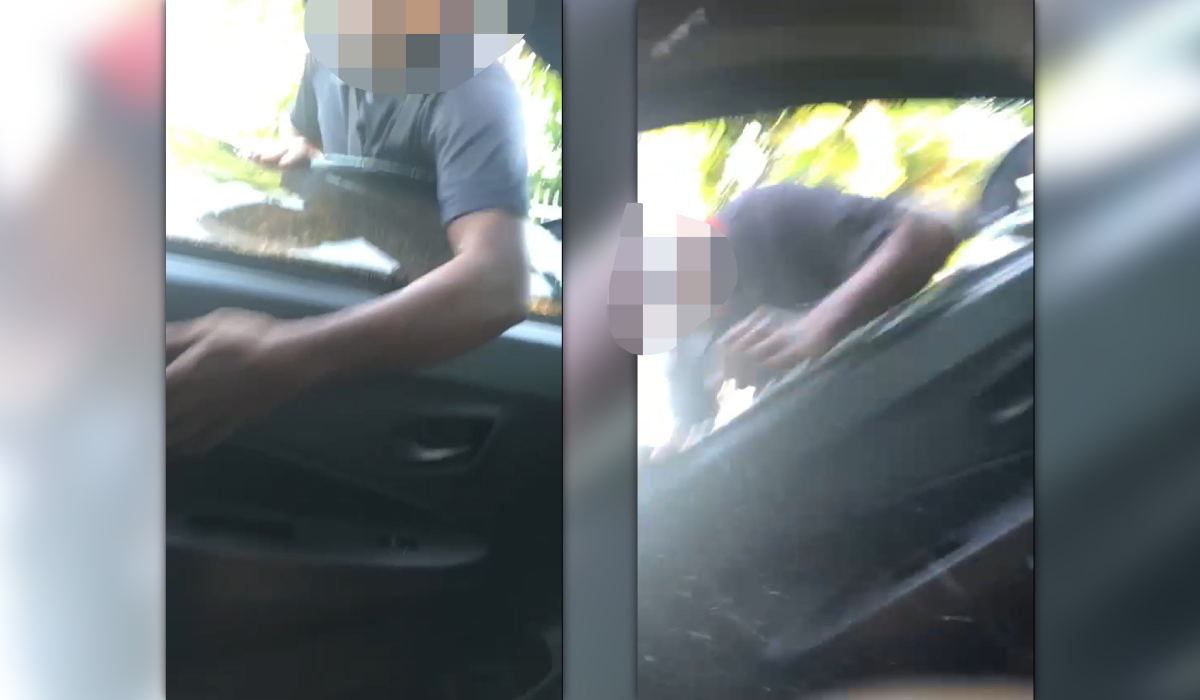 Serpihan kaca cermin kereta jenis Perodua Axia yang pecah itu turut terkena anak mangsa menyebabkan kanak-kanak tersebut menangis dan terkejut.
