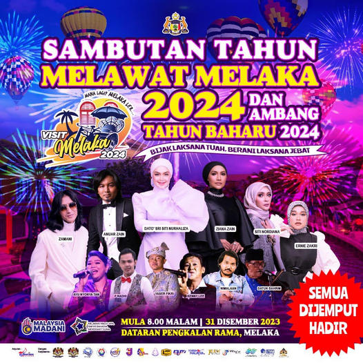 Poster Tahun Melawat Melaka 2024 dan Ambang Tahun Baharu 2024 yang dikongsi di media sosial.