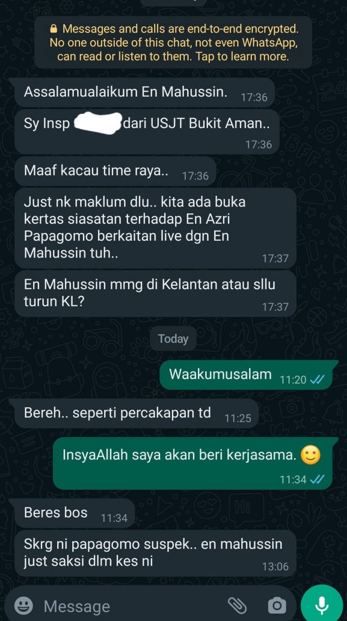 Wan Mahussin memuatnaik tangkap layar komunikasinya dengan seorang pegawai polis Bukit Aman mengenai kenyataan Papagomo.