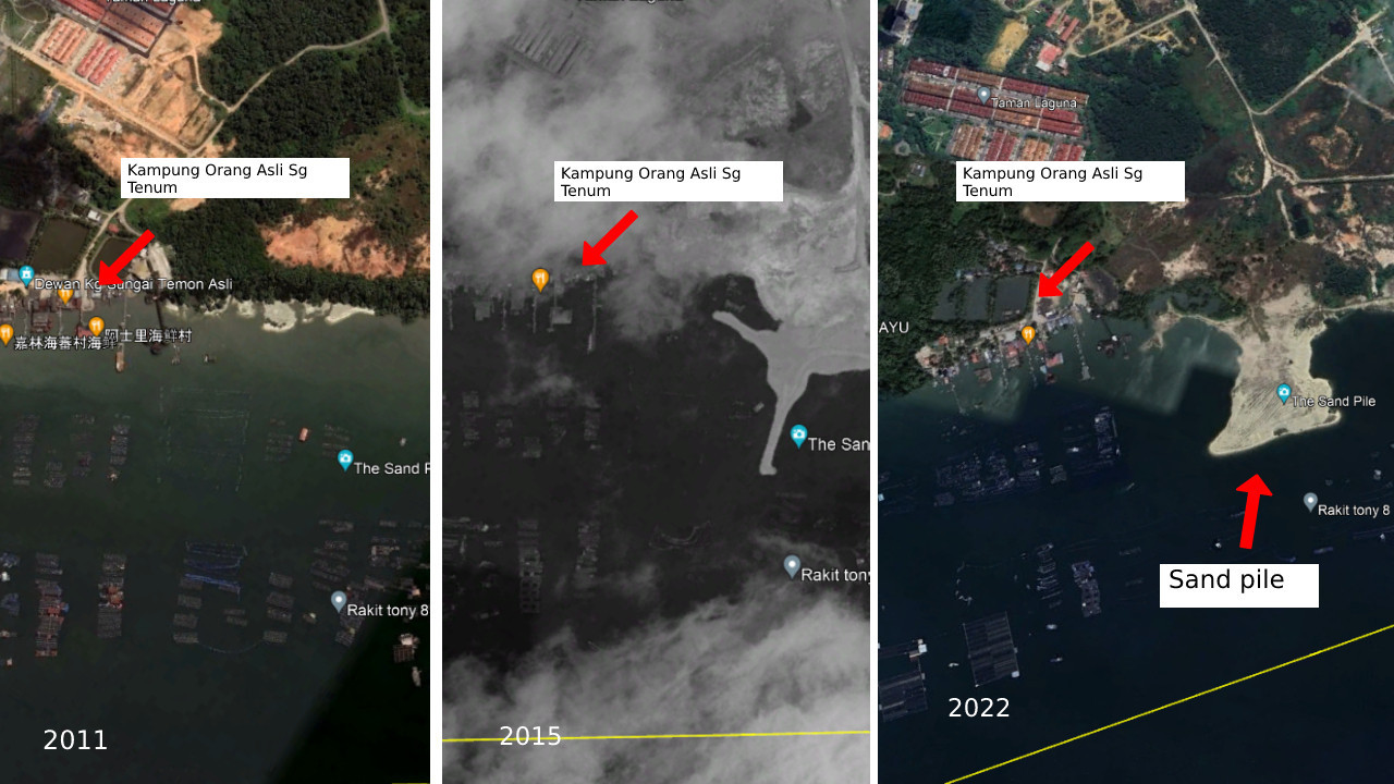 Kira-kira 400 meter dari Kg Orang Asli Sg Temon terletak timbunan pasir besar yang difahamkan sebagai sebahagian daripada projek tebus guna tanah - Gambar Google Earth