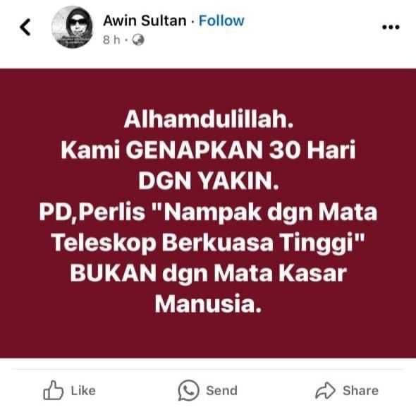 Kenyataan dibuat Awin Sultan di Facebook semalam yang menolak penampakan anak bulan Syawal oleh pemerintah - gambar Facebook