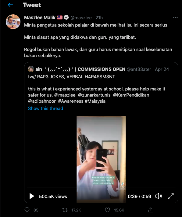 Pendedahan yang dibuat juga menarik perhatian Dr Maszlee Malik. - Tangkap layar dari Twitter