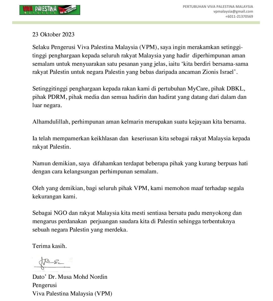 Permohonan maaf VPM selepas insiden ketika acara Freedom for Palestine