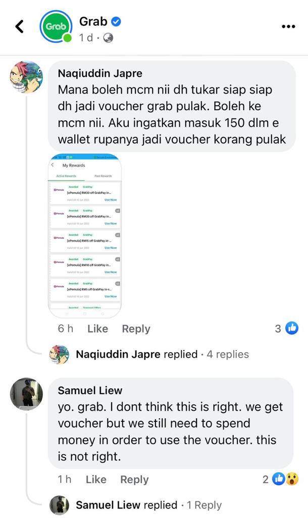 Antara komen netizen yang mendakwa kredit e-tunai itu sudah ditukar kepada baucer GrabPay.