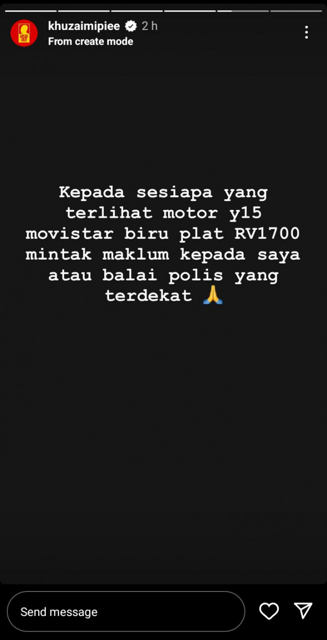Hantaran Khuzaimi Piee di Instastory mengenai motosikalnya yang dicuri - Gambar Instagram