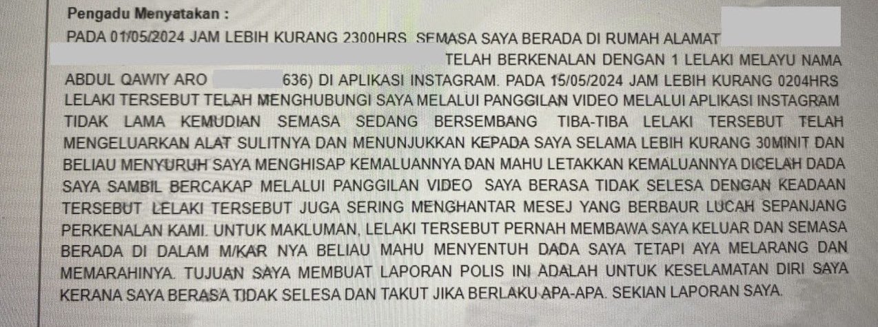 Tangkap layar laporan polis yang dikatakan dibuat mangsa - Gambar X