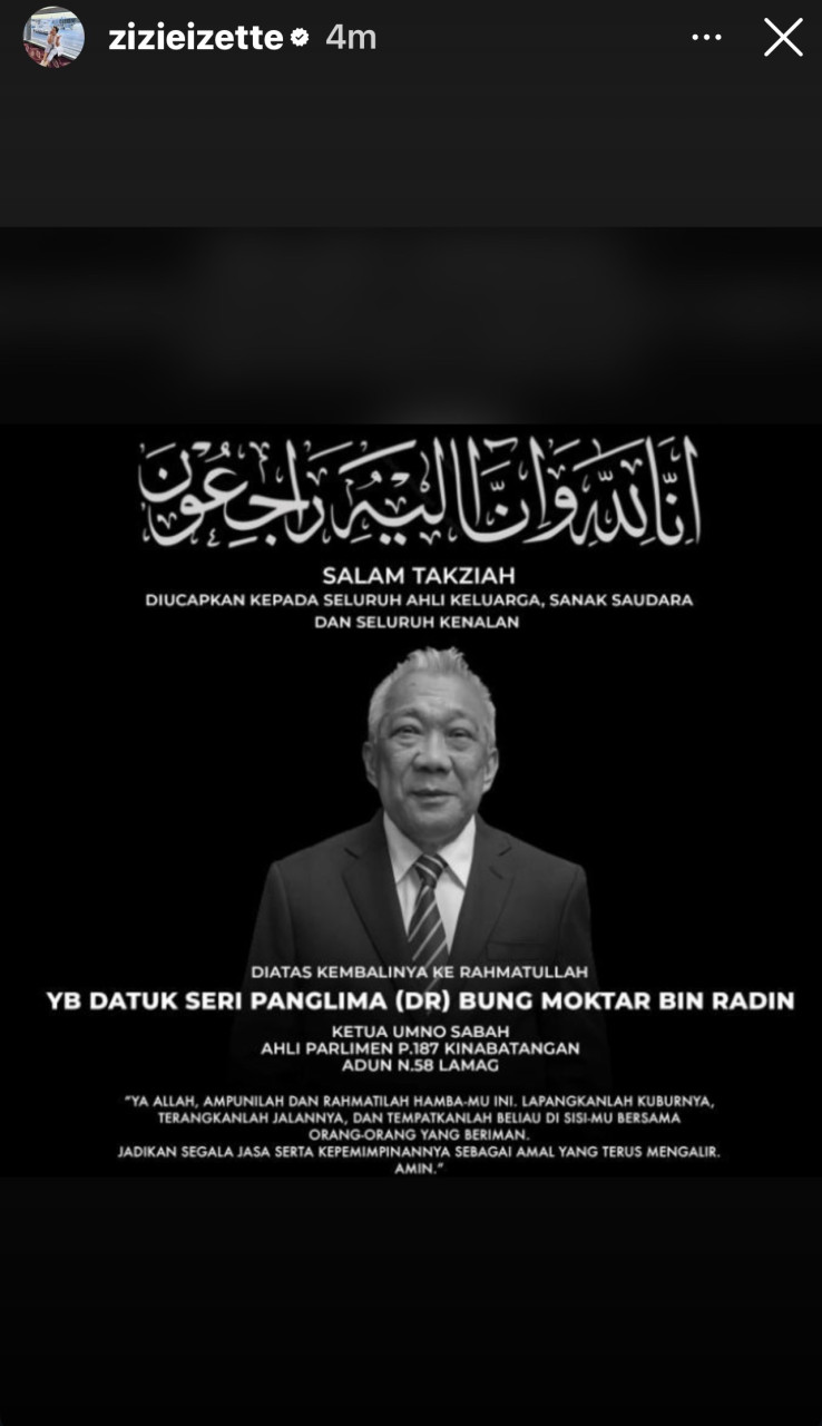 Insta Story dimuat naik Zizie Izette sekitar 2.30 pagi