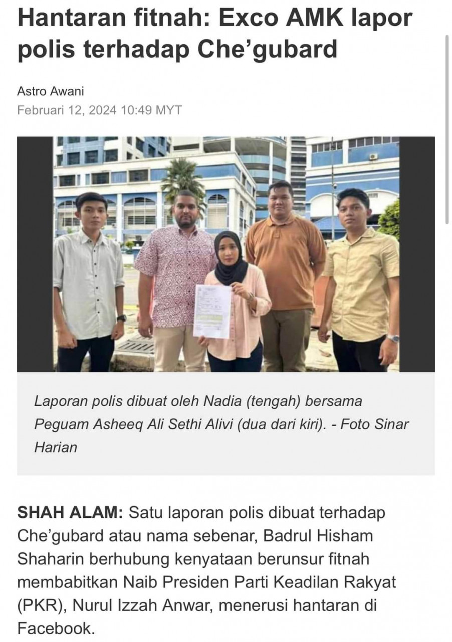 Keratan berita mengenai laporan polis yang dibuat Exco Angkatan Muda Keadilan - gambar X