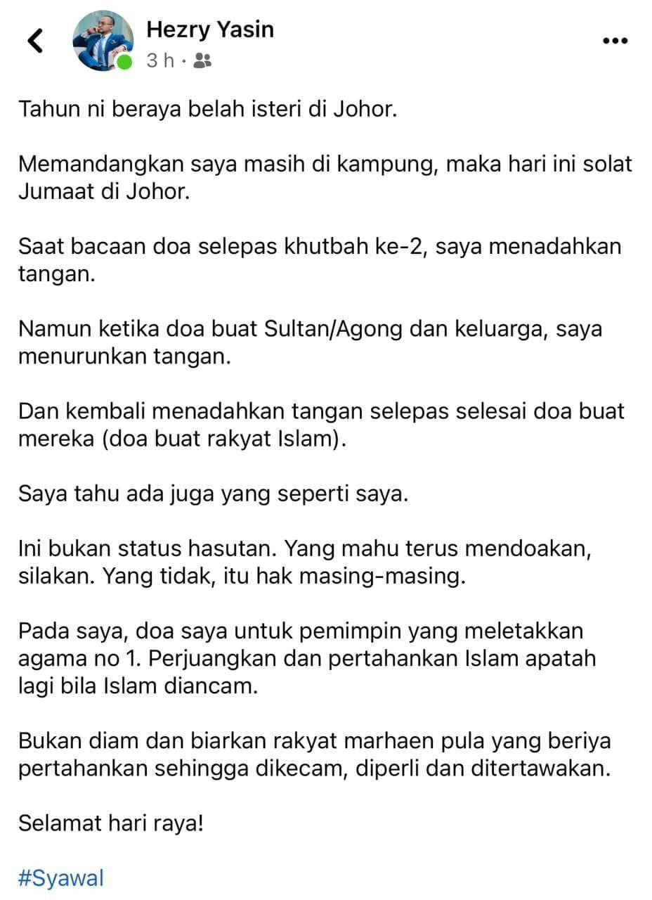 Hantaran Hezry Yasin di Facebook yang dianggap menghina institusi Raja - gambar Facebook