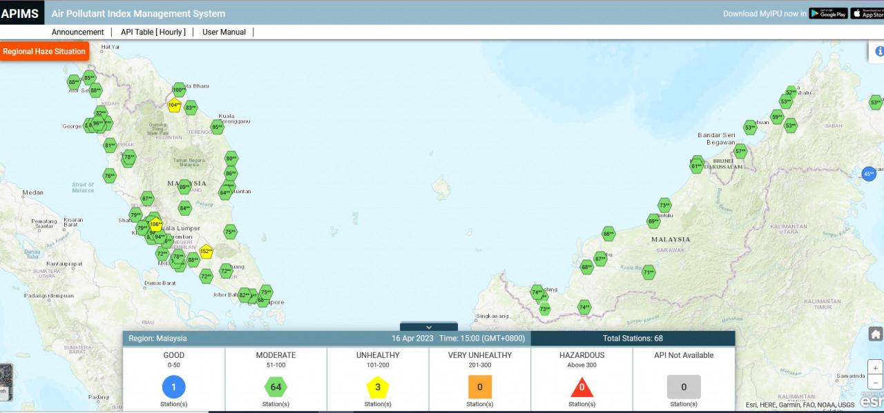 Bacaan IPU sehingga jam 3 petang hari ini - Tangkapan layar laman web apims.doe.gov.my