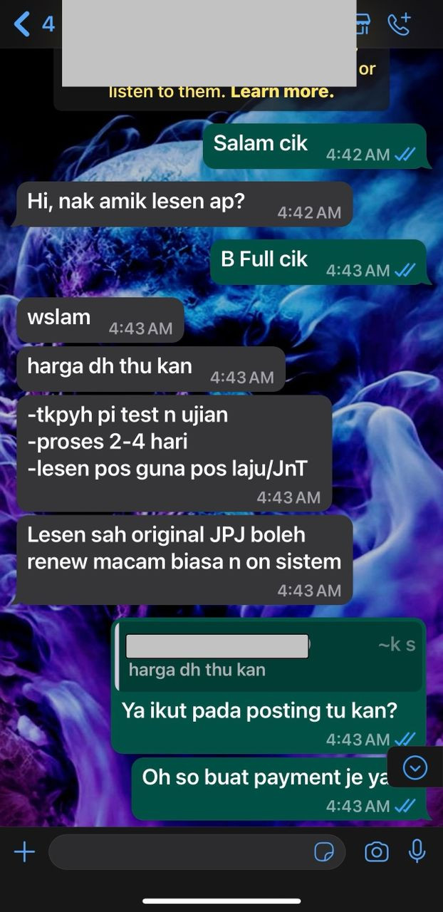 Tangkap layar perbualan wartawan Getaran dengan penjual 'lesen terbang'