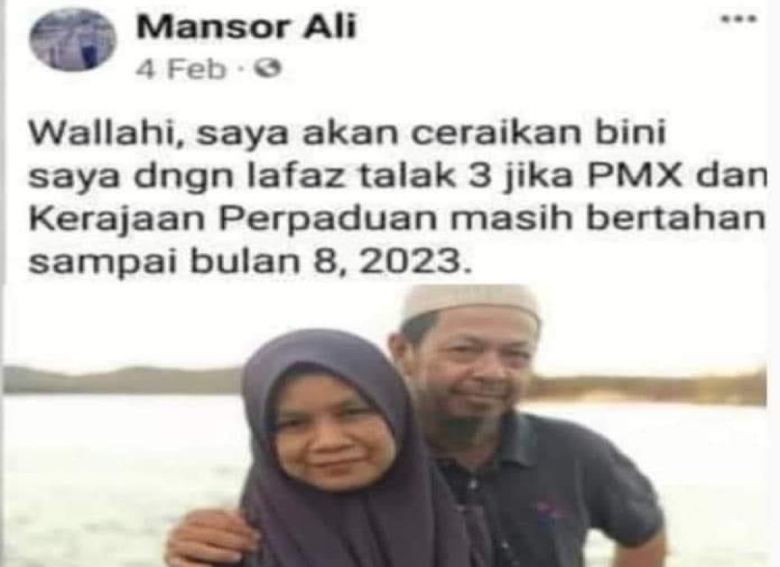 Hantaran yang tular di media sosial mengenai lafaz taklik seorang penyokong parti politik - gambar fail