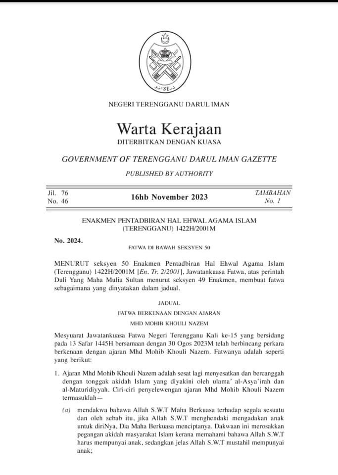 Warta dikeluarkan Jabatan Fatwa Terengganu 