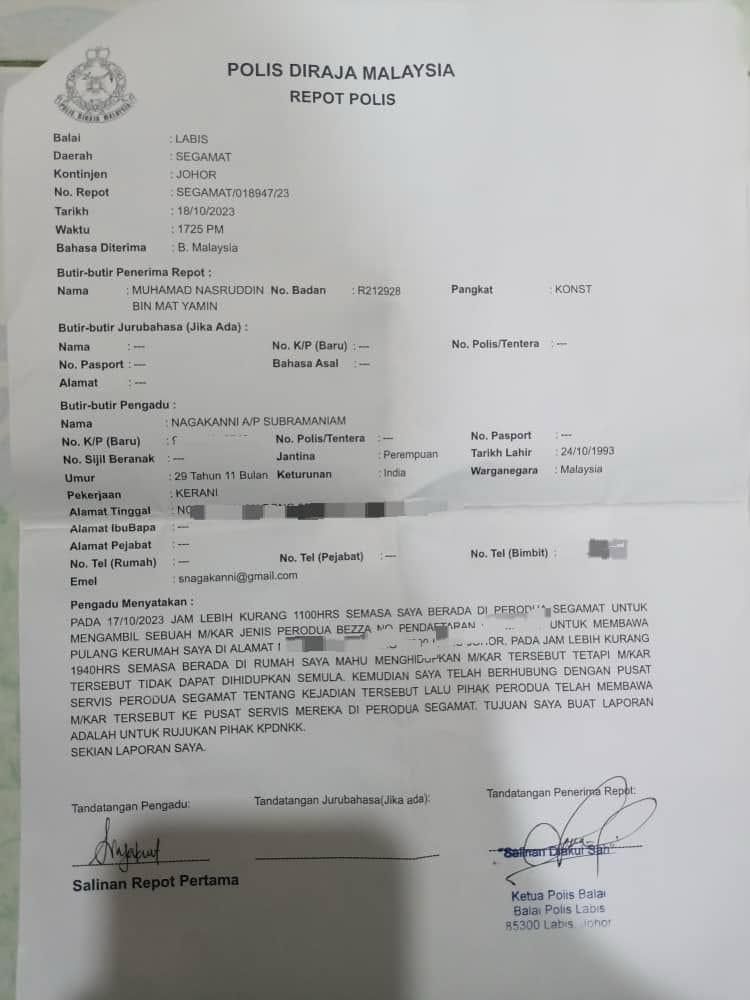 Laporan polis yang dibuat Nagakanni susulan kejadian - gambar Facebook