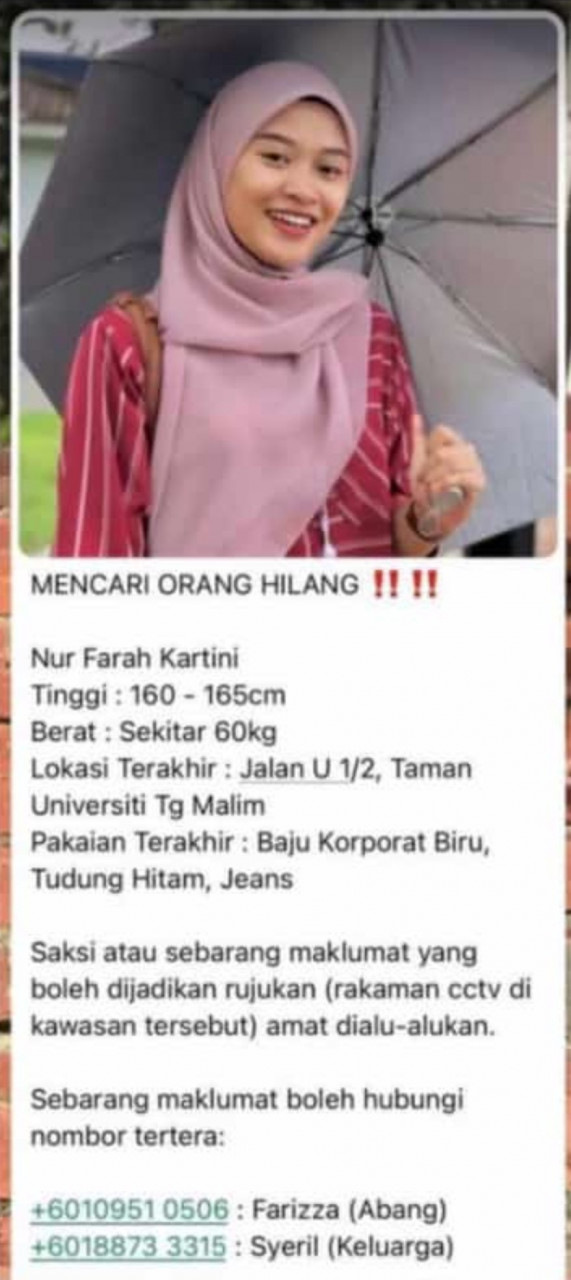 Hebahan mengenai kehilangan Nur Farah Kartini yang dibuat di media sosial – Gambar X