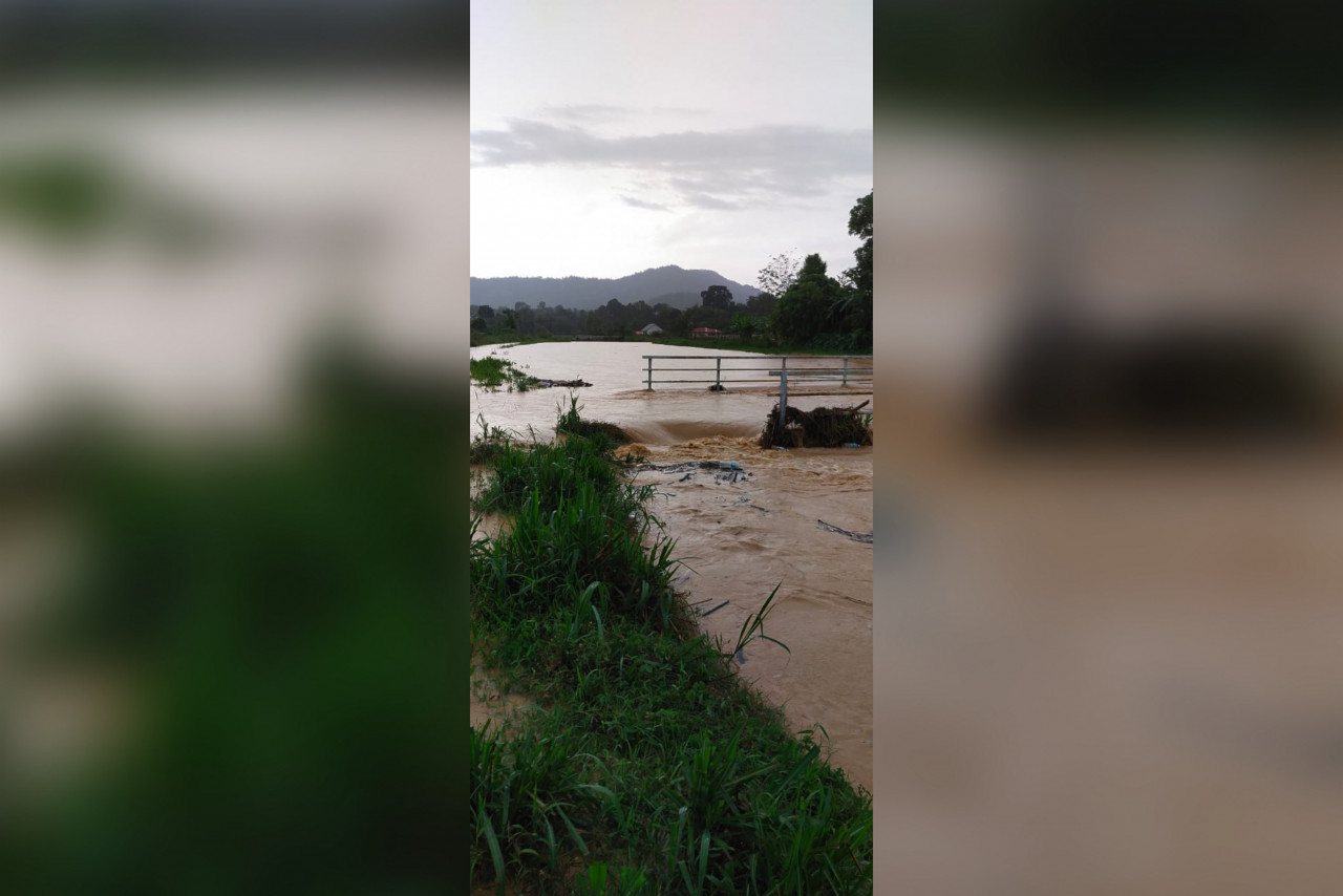 Paras air Sungai Moyog melebihi paras bahaya. - Gambar ihsan APM